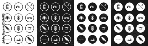 Set Crossed paddle, Aqualung, Knee pads, All Terrain Vehicle or ATV motorcycle, Bicycle on street ramp, Hang glider and Surfboard icon. Vector