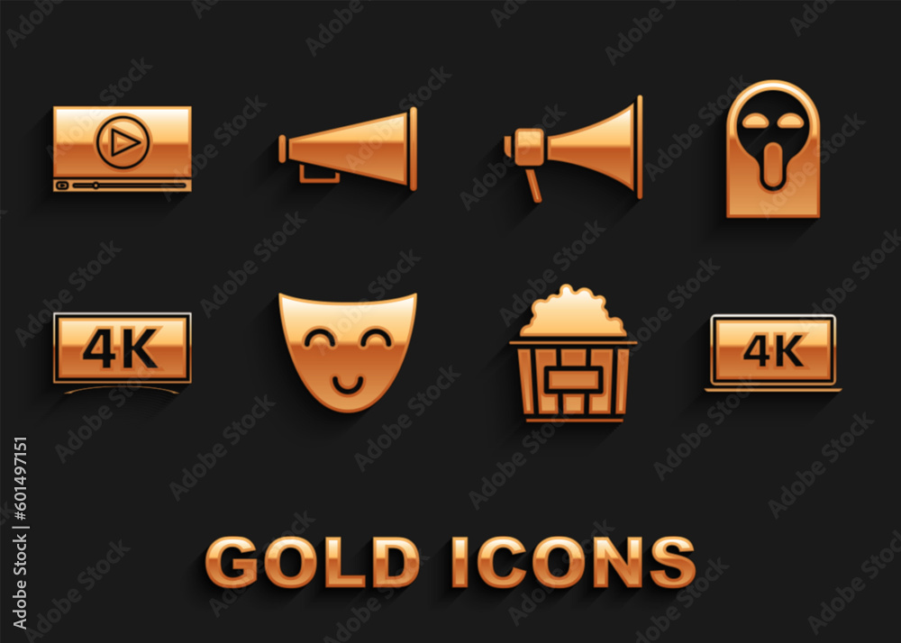 Set Comedy theatrical mask, Funny and scary ghost, Laptop screen with 4k video technology, Popcorn in cardboard box, , Megaphone, Online play and icon. Vector Set Comedy theatrical mask, Funny and scary ghost, Laptop screen with 4k video technology, Popcorn in cardboard box, , Megaphone, Online play and icon. Vector