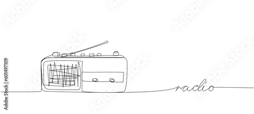 Portable radio player, tape recorder one line art. Continuous line drawing of receiver, radio, antenna, wireless, fm, tuner, retro, record, mp3, 80s, 90s with an inscription, lettering, handwritten.