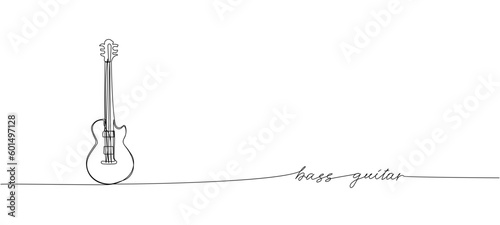 Bass guitar one line art. Continuous line drawing of musical, equipment, song, guitar, electric, melody, rock, volume, chord, bass, acoustic with an inscription, lettering, handwritten.
