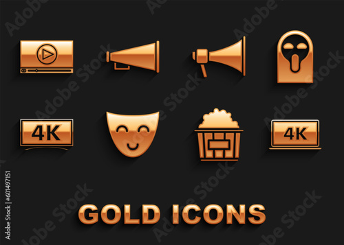 Set Comedy theatrical mask, Funny and scary ghost, Laptop screen with 4k video technology, Popcorn in cardboard box, , Megaphone, Online play and icon. Vector