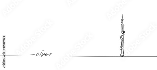 Oboe one line art. Continuous line drawing of wind, symphony, retro, clarinet, bass, oboe, sax, music, flute, jazz, orchestra, horn with an inscription, lettering, handwritten.