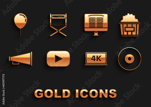 Set Play, Popcorn in cardboard box, CD DVD disk, Laptop screen with 4k video technology, Megaphone, Buy cinema ticket online, Balloon ribbon and Director movie chair icon. Vector