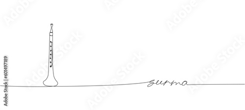 Surma one line art. Continuous line drawing of music, wind, instrument, surma, culture, ukrainian, ethnic, ukraine, traditional, musical, national, folk with an inscription, lettering, handwritten.