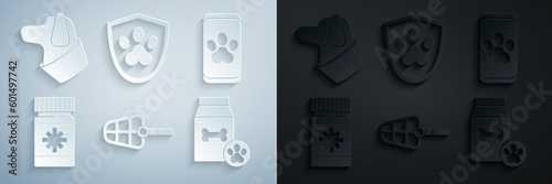 Set Dog muzzle, Online veterinary clinic symbol, medicine bottle and pills, Bag of food for pet, Animal health insurance and icon. Vector