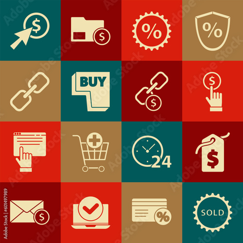 Set Sold label, Price tag with dollar, Hand holding coin, Discount percent, Buy button, Chain link, Cursor and icon. Vector