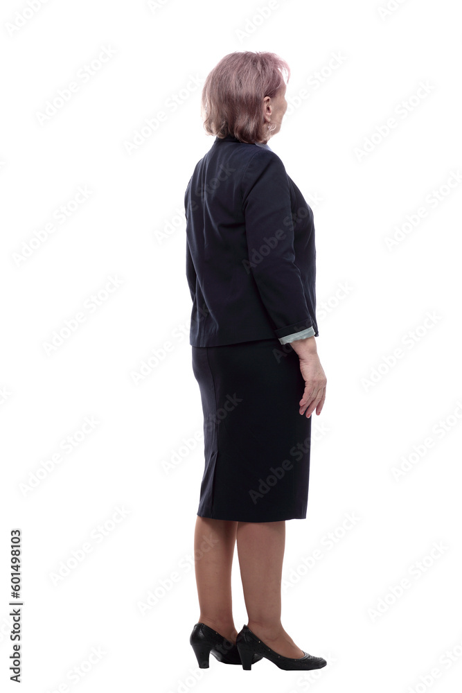 senior business lady reading an ad on a white screen. isolated on a white senior business lady reading an ad on a white screen. isolated on a white