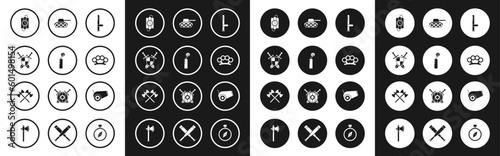 Set Police rubber baton, Dynamite bomb stick clock, Medieval shield with crossed swords, dynamite and timer, Brass knuckles, Military tank, Cannon and Crossed medieval axes icon. Vector