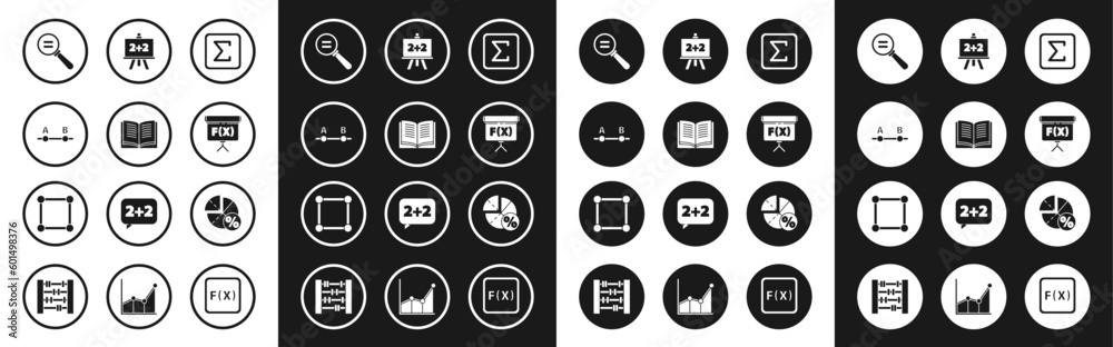Set Sigma symbol, Open book, Graph, schedule, chart, diagram, Calculation, Chalkboard, and Geometric figure Square icon. Vector Set Sigma symbol, Open book, Graph, schedule, chart, diagram, Calculation, Chalkboard, and Geometric figure Square icon. Vector
