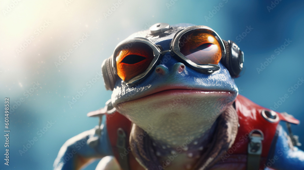 Generative AI illustration of  a crazy frog wearing an aviator, create 