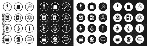 Set Magic wand, Playing cards, Ancient magic book, Bottle with love potion, Pentagram circle, Magician hat, staff and icon. Vector