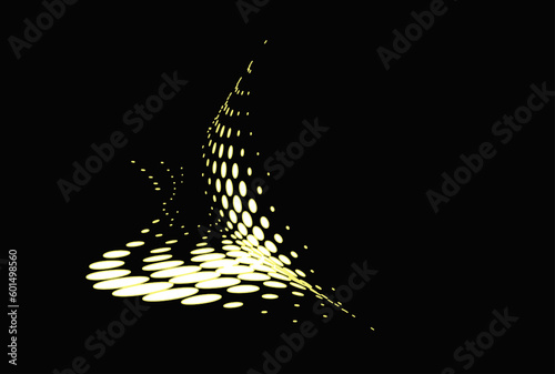 The wingspan of a moth in halftone polka dots with golden edging on a black background. Separate use. For corner border, logo, trademark. Vector.