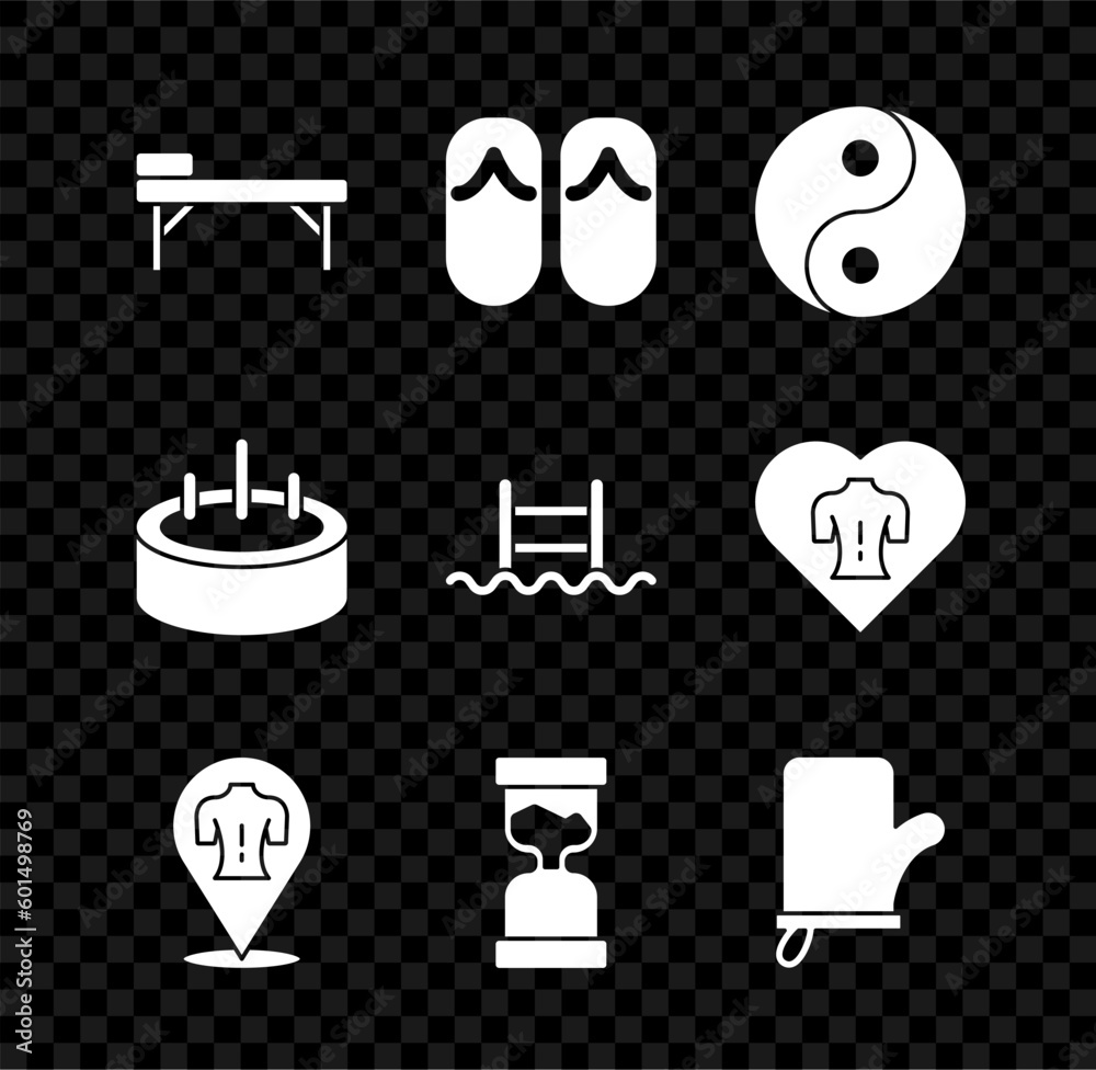 Set Massage table, Flip flops, Yin Yang, Old hourglass, Sauna mittens, Swimming pool with ladder and icon. Vector