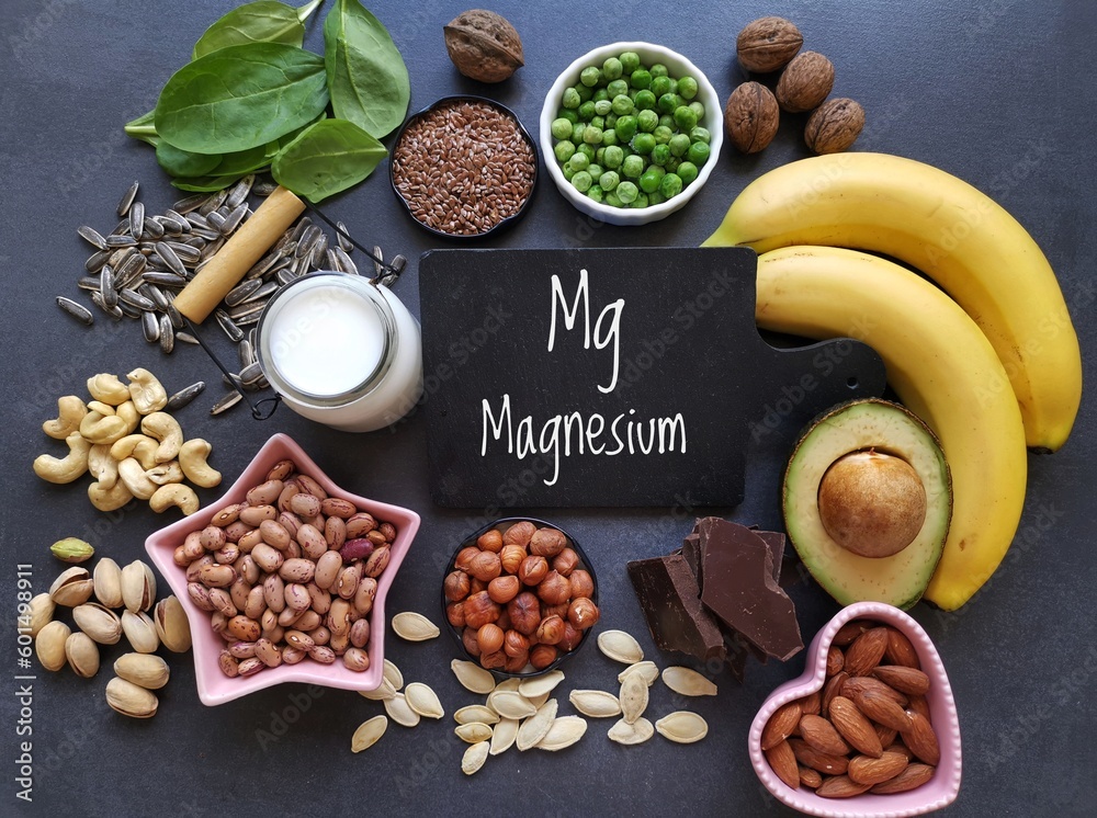 Magnesium rich foods. Natural food sources of magnesium. Assortment of