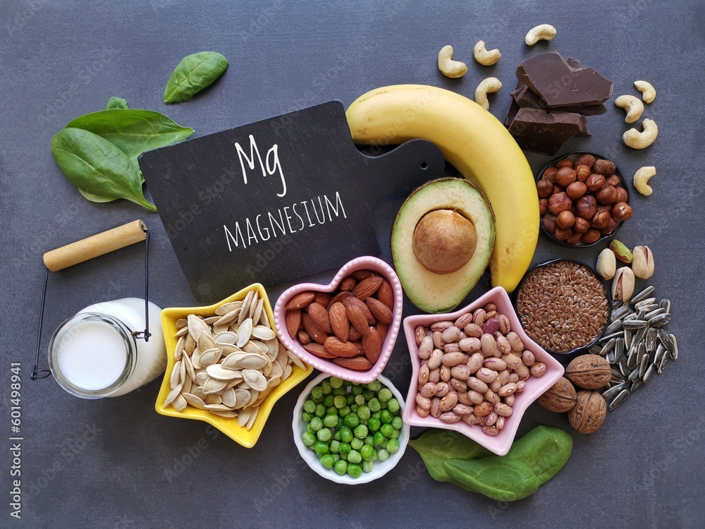 Magnesium rich foods. Natural food sources of magnesium. Assortment of