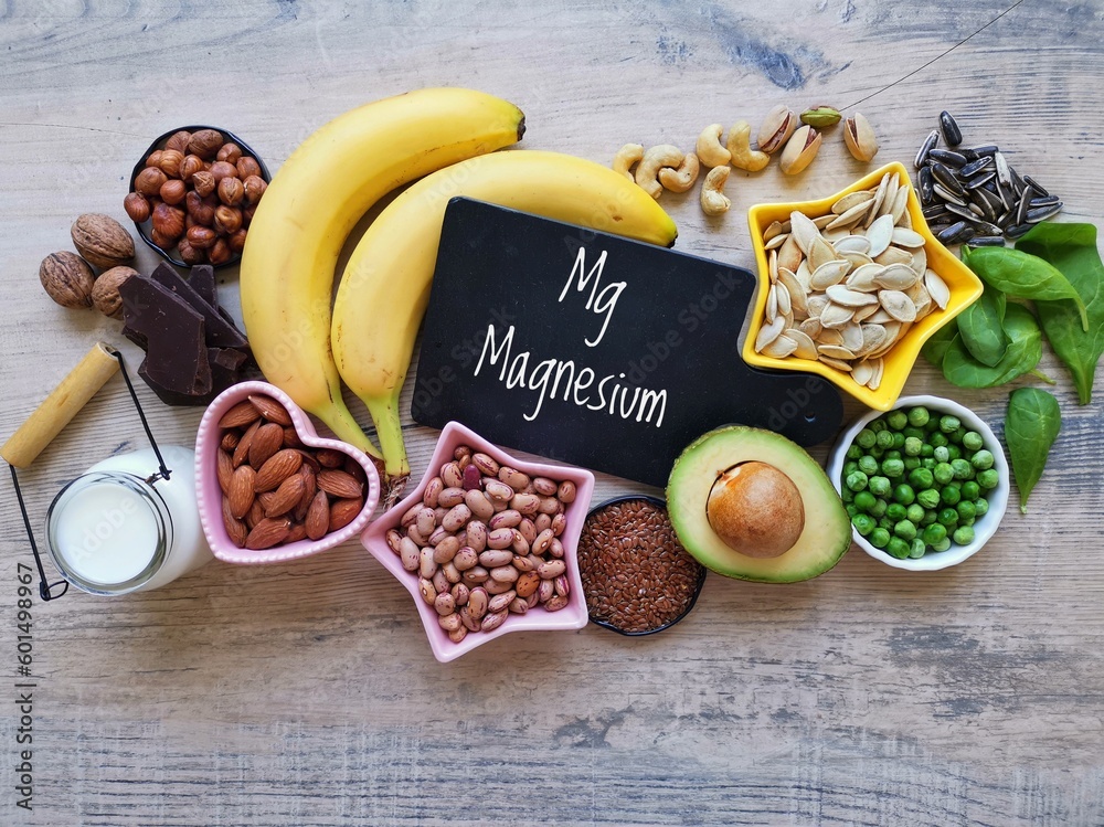 Magnesium rich foods. Natural food sources of magnesium. Assortment of