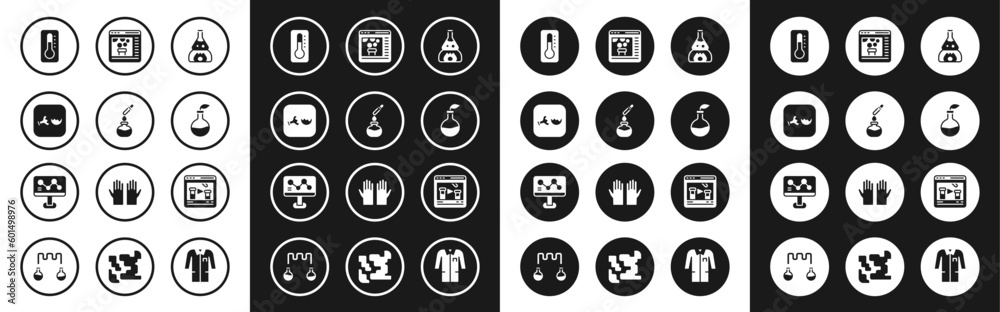 Set Test tube flask on fire, and, Broken, Medical thermometer, Plant breeding, Chemical online, and formula icon. Vector Set Test tube flask on fire, and, Broken, Medical thermometer, Plant breeding, Chemical online, and formula icon. Vector