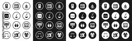 Set Test tube flask on fire, and, Broken, Medical thermometer, Plant breeding, Chemical online, and formula icon. Vector