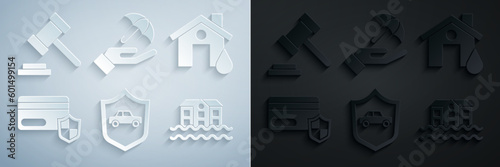Set Car with shield, House flood, Credit card, Umbrella in hand and Judge gavel icon. Vector