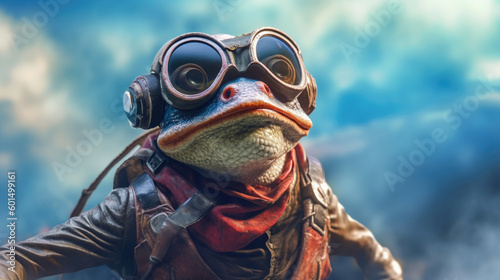 Generative AI illustration of a crazy frog wearing an aviator, create 