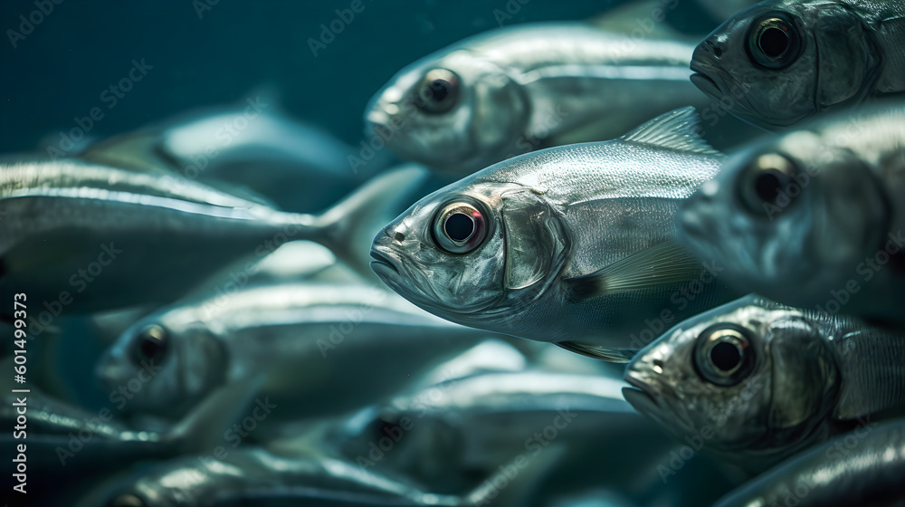 Fototapeta premium Group of small fish on the bottom of the sea. Sustainable fishing. Care of the oceans. Generative ai.