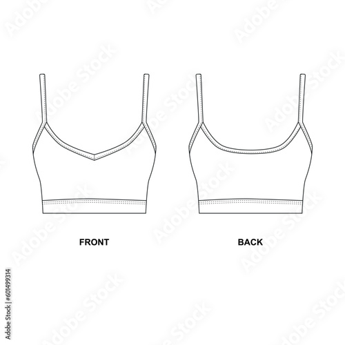 Vector illustration of a cropped top with thin spaghetti straps. Sketch of a women's T-shirt - a bodice with a neckline, front and back views. Outline vector template of bra in white color.