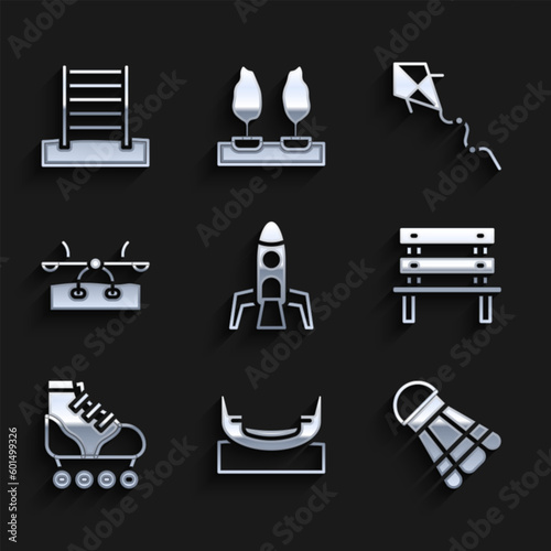 Set Rocket ship, Boat swing, Badminton shuttlecock, Bench, Roller skate, Seesaw, Kite and Swedish wall icon. Vector