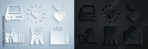 Set Tooth with diamond, Necklace heart shaped pendant, Gem stone, Shopping bag jewelry, Diamond and Electronic scales icon. Vector