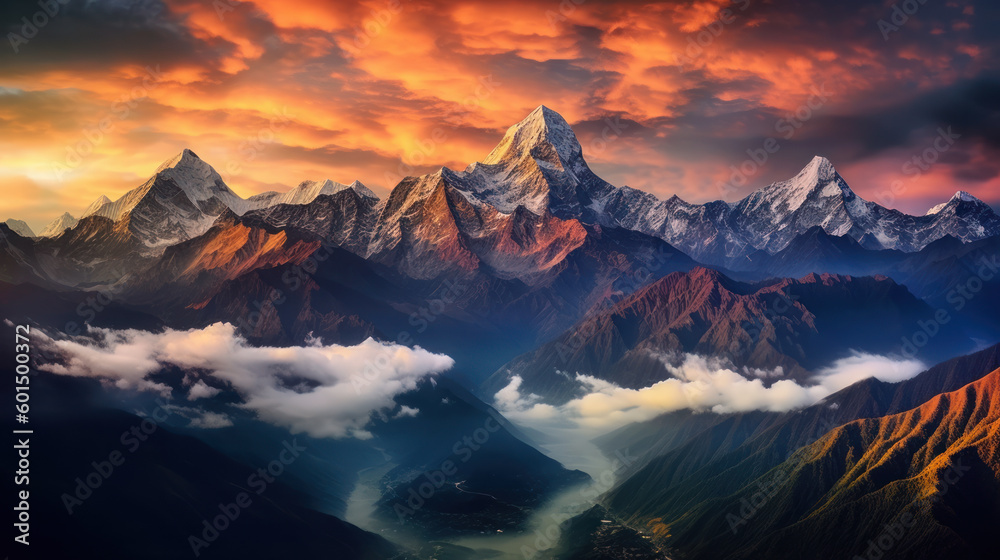 Breathtaking Panoramic Sunrise over Mountain Range, Vivid Colors and Dramatic Lighting, Wide-Angle Lens View, Generative AI