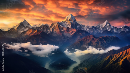 Breathtaking Panoramic Sunrise over Mountain Range, Vivid Colors and Dramatic Lighting, Wide-Angle Lens View, Generative AI © ArgitopIA