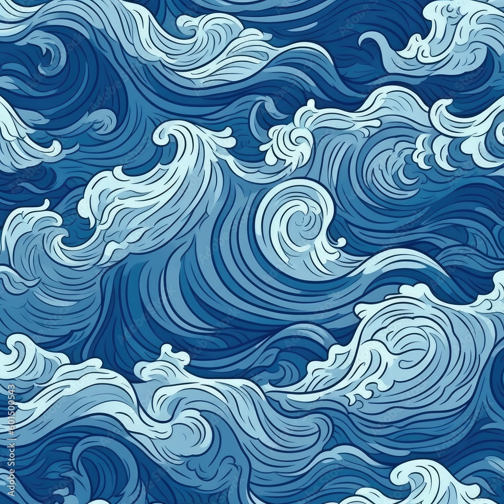 Blue sea waves background in cartoon style. Art, texture. Generative AI Blue sea waves background in cartoon style. Art, texture. Generative AI