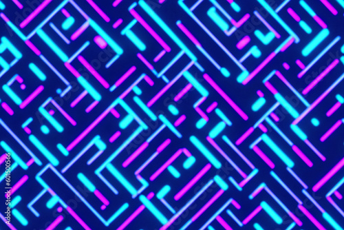 Seamless texture of multicoloured neon lights on blue background. Abstract geometric lines  neon lamps  shapes. Background  wallpaper  imprint on fabric. Generative AI