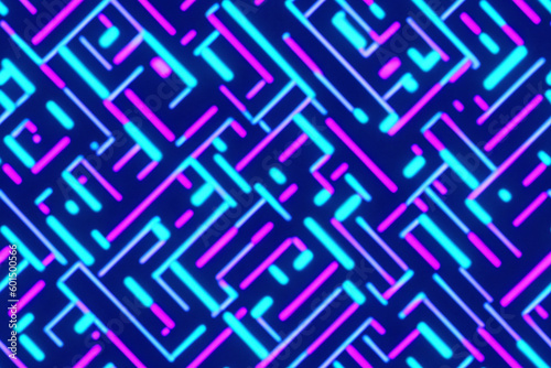 Seamless texture of multicoloured neon lights on blue background. Abstract geometric lines, neon lamps, shapes. Background, wallpaper, imprint on fabric. Generative AI