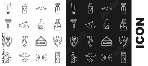 Set line Shaving gel foam, Mustache and beard on shield, Aftershave, hand, razor, Cream lotion cosmetic tube and icon. Vector