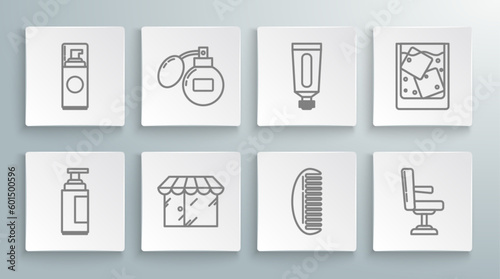 Set line Cream or lotion cosmetic tube, Aftershave, Barbershop building, Hairbrush, chair, Glass of whiskey and ice cubes and Shaving gel foam icon. Vector