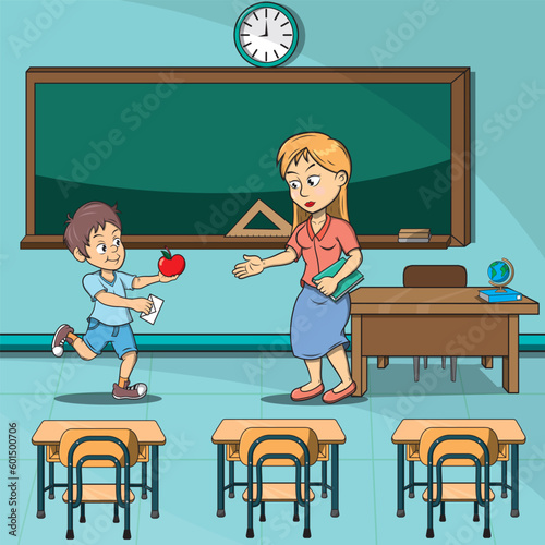 Niño obsequia a su maestra una carta y una manzana,ilustracion vectorial.