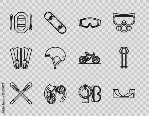 Set line Crossed paddle, Skate park, Ski goggles, Bicycle trick, Rafting boat, Helmet, Diving mask and aqualung and poles icon. Vector
