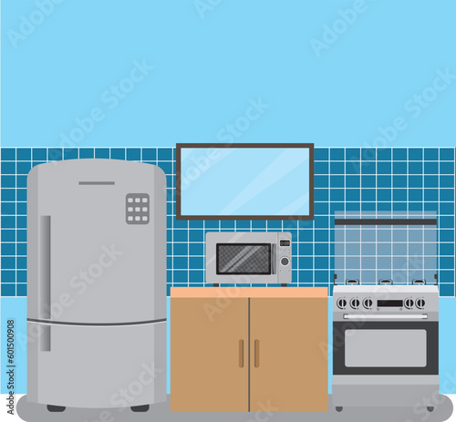 Ilustraciones de una cocina y sus diferentes equipos, estilo flat.