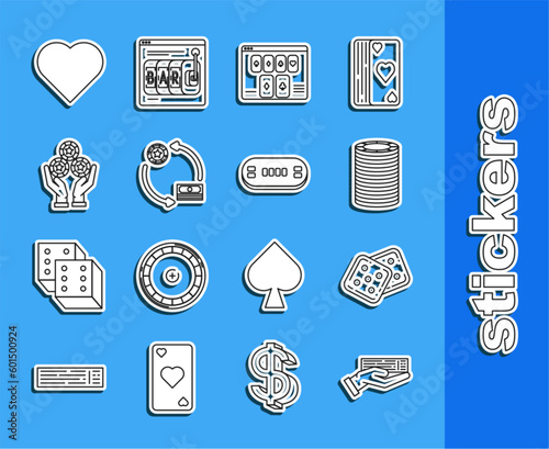 Set line Hand holding deck of playing cards, Game dice, Casino chips, Online poker table game, exchange on stacks dollars, casino, Playing with heart symbol and Poker icon. Vector