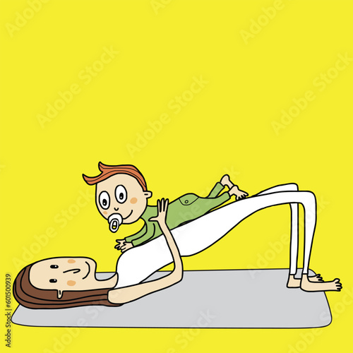 A cartoon of a woman with a baby doing a yoga bridge pose