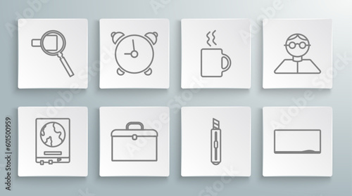Set line World map on a school blackboard, Alarm clock, Briefcase, Stationery knife, Chalkboard, Coffee cup, Student and Magnifying glass icon. Vector