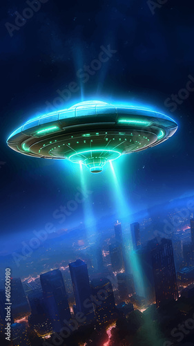 UFO is flying over the night city. A Flying Saucer. Aliens. Beautiful fantasy scene. Futuristic technological concept. Transport of the future. Outer space. 3D Digital illustration