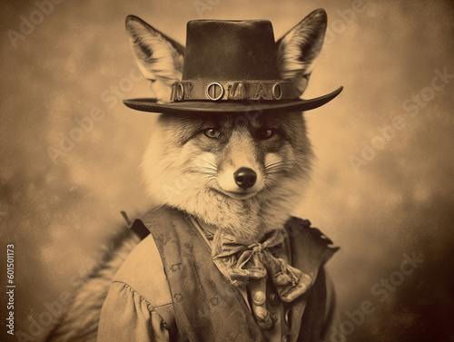 An Antique Photo of a Fox Dressed Up as a Cowboy | Generative AI