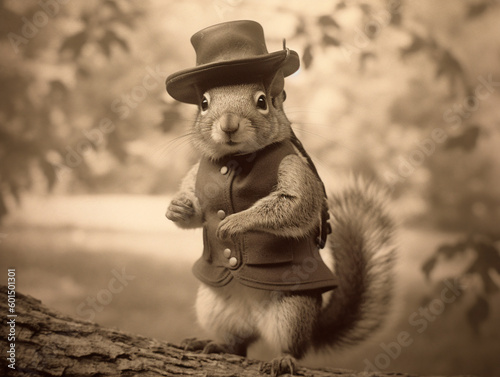 An Antique Photo of a Squirrel Dressed Up as a Cowboy | Generative AI