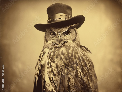 An Antique Photo of an Owl Dressed Up as a Cowboy | Generative AI photo