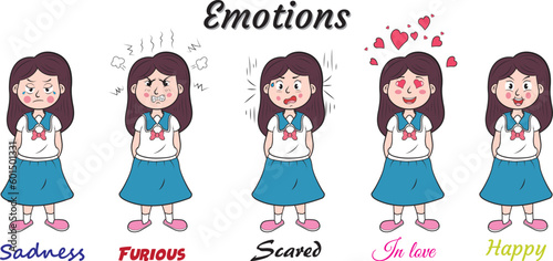 Niña pasando por diferentes emociones, tristeza, furia, miedo, amor, felicidad, ilustracion vectorial.