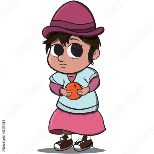 Niña pequeña con vista temerosa con una naranja en las manos, ilustración vectorial.