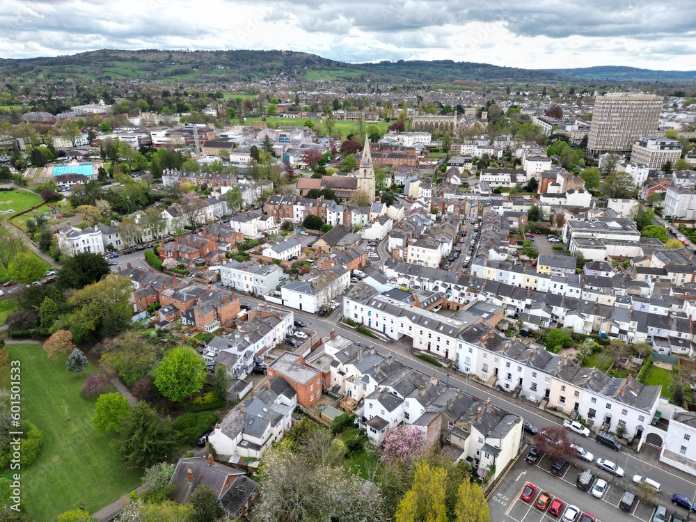  Houses and streets Cheltenham Gloucestershire UK drone aerial view.