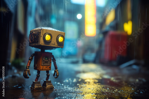 cute robot under the rain, AI generative