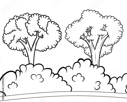 Dibujo vectorial sin color de unos arboles y arbustos.